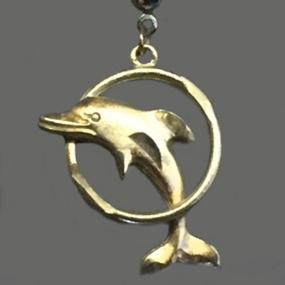 GOLD PLATED DOLPHIN JUMPING THROUGH HOOP EARRINGS PIERCED 1.5" LONG - Picture 1 of 2